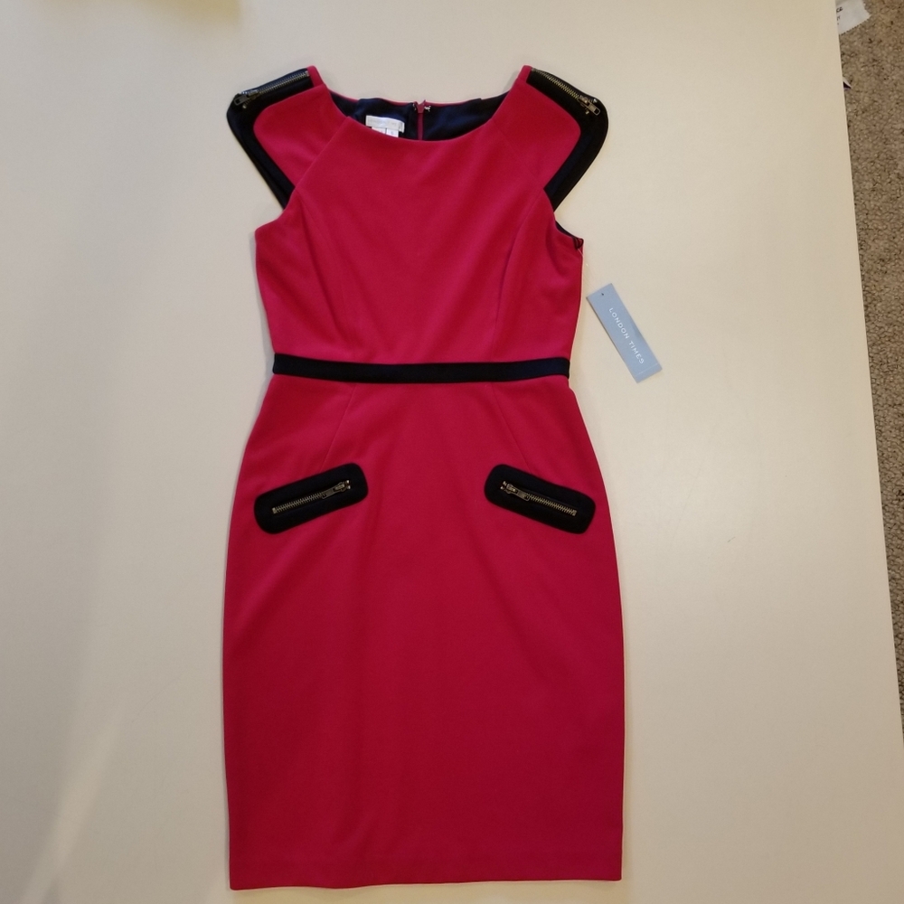 Red dress zipper shoulder size 6 black gold crew